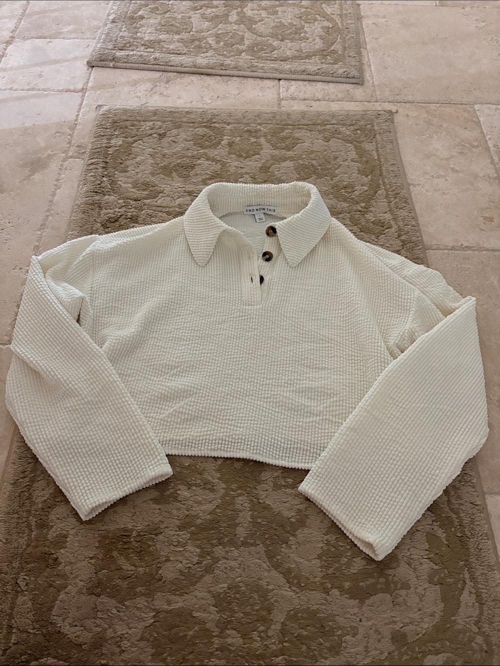 And Now This Cropped Ivory Waffle-Knit Polo Sweatshirt